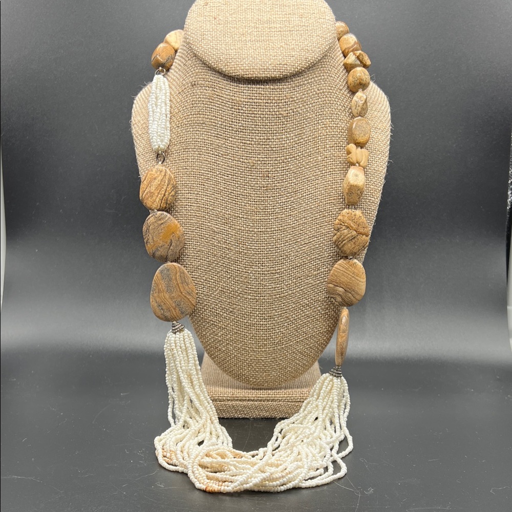 Coldwater Creek 31” Stone & Seed Bead Statement Necklace Boho Natural Wood Tone